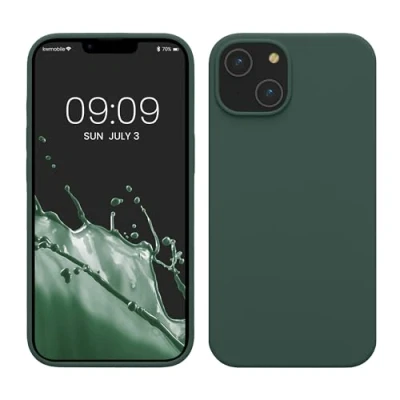 Abbildung von kwmobile Hülle für das iPhone 14 dünnes Silikon Handy Case stoßfeste Handyhülle mit weicher Oberfläche unterstützt kabelloses Laden Moosgrün