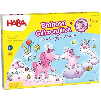 Abbildung von Haba 302767 Einhorn Glitzerglück eine Party für Rosalie, bezauberndes kooperatives Lauf und Sammelspiel 2 4 Spieler von 99 Jahren, mit einfachen Regeln schnellen Spielspaß