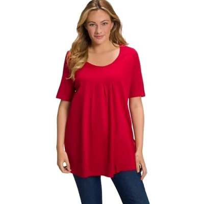 Abbildung von Ulla Popken Damen T shirt, Zierfalten, A linie, Rundhals, Halbarm, Modal, Mohn, 46 48 EU
