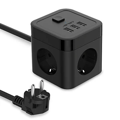 Abbildung von JSVER Steckdosenleiste Würfel USB Mehrfachsteckdose Cube 3 Fach mit (15,5W) Steckdosen 3680W Schalter für Büro, zu Hause 1,5m Kabel Schwarz