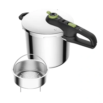 Abbildung von Tefal Secure Trendy 8L Schnellkochtopf mit Korb Zwei Programme, Gemüse und Fleisch, schnellere Mahlzeiten, zarte Ergebnisse, Schnellkochdeckel, induktionsgeeignet