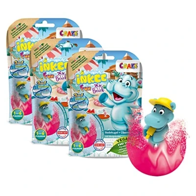 Abbildung von INKEE Fun Beach 3er Multipack Badebomben Kinder mit Hippo Figuren , 3X Badekugeln Überraschung Wassermelone Duft Mango Butter