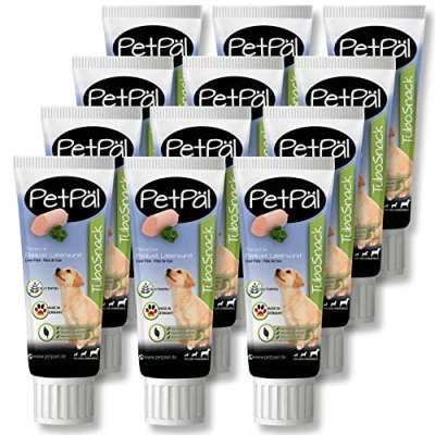 Abbildung von PetPäl Hunde Leberwurst “TuboSnack“ Ohne Getreide, Salz, Zucker Premium Leckerli aus der Tube Schmackhaft, lecker, gesund, natürlich Ideal auch für Welpen 12x 75g Snack Made in Germany