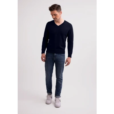 Abbildung von 100% Kaschmir Herren Pullover Sweater V Ausschnitt 2 fädig (Blau/Marine, M)