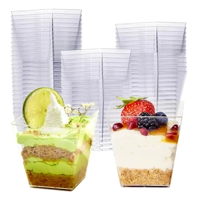 Abbildung von MATANA 48 Hartplastik Dessertschalen für Partys, Buffets (Quadratisch, 225ml) Dessertgläser, Dessertbecher Eckig Pudding, Nachtisch, Mousse, Tiramisu Stabil &amp; Mehrweg