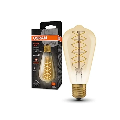 Abbildung von OSRAM Vintage 1906 LED Lampe mit Gold Tönung, 7W, 600lm, Edison Form 64mm Durchmesser &amp; E27 Sockel, warmweiße Lichtfarbe, spiralförmiges Filament, dimmbar, bis zu 15.000 Stunden Lebensdauer
