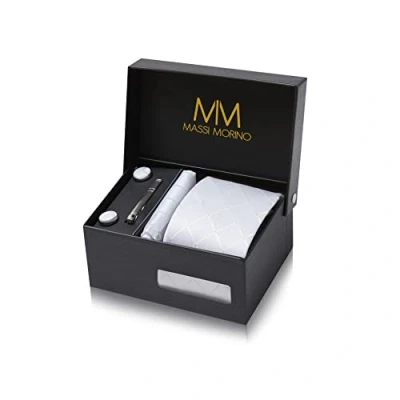 Abbildung von Massi Morino Krawatte Weiss Quadrat mit Einstecktuch Set Herren inkl. Manschettenknöpfe, Krawattennadel und Geschenkbox Männer Krawattenset