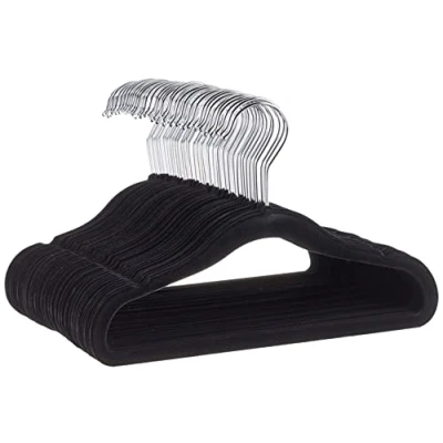 Abbildung von Amazon Basics Kinder Kleiderbügel aus Samt, rutschfeste für Babys und Kleinkinder, 29 cm, 50er Pack, Schwarz/Silberfarben