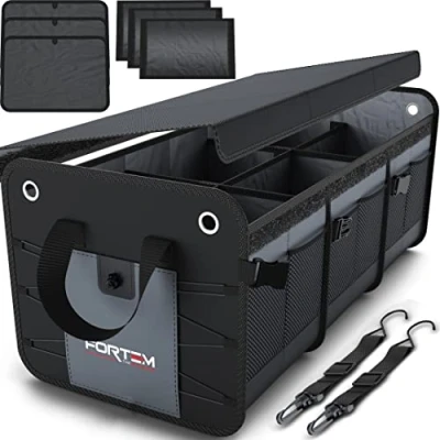 Abbildung von FORTEM Kofferraum Organizer, Kofferraumtasche, Zusammenklappbarer Auto Organizer mit Fächern, Rutschfester Boden, Verstellbare Sicherungsriemen, Klappbarer Deckel (Grau, Extragroß)