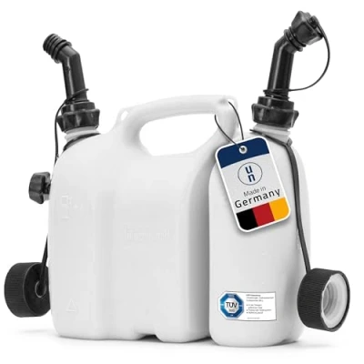 Abbildung von hünersdorff Doppelkanister/Kombikanister für Kraftstoff und Öl mit 2 Ablaufschläuchen, 3+1,5 Liter, UN Zulassung, Made in Germany, Weiß