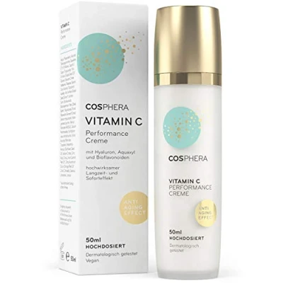 Abbildung von Cosphera® Vitamin C Performance Creme 50 ml mit Hyaluronsäure vegane Tages und Nachtcreme hochdosiert für Gesicht, Hals, Augen Anti Falten Feuchtigkeitsbehandlung Frauen Männer