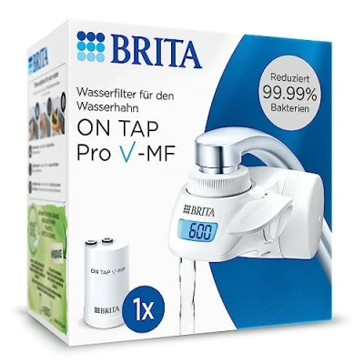 Abbildung von BRITA Wasserfilter für Wasserhahn ON TAP Pro V MF inkl. 1 Filterkartusche (600l) reduziert 99,99% Bakterien, Chlor, Mikroplastik und schwere Metalle / digitales LCD Display zeigt Restkapazität