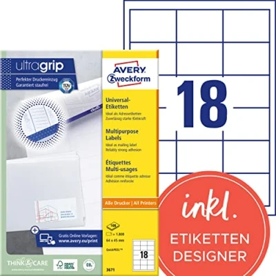 Abbildung von AVERY Zweckform 3671 Adressaufkleber (1.800 Klebeetiketten, 64x45mm auf A4, Papier matt, individuell bedruckbare Absenderetiketten, selbstklebende Adressetiketten mit ultragrip) 100 Blatt, weiß