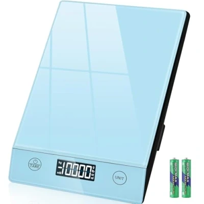 Abbildung von Küchenwaage Digital,Geneigtes Display,10KG,Hochpräzise 1g,mit Tara Funktion,Glas Lebensmittelwaage Wasserdicht,Touchscreen inkl. Batterien Blau