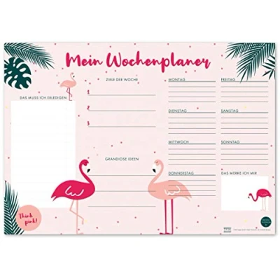 Abbildung von TYSK Design Schreibtischunterlage Flamingo rosa (Design wählbar) Tischunterlage aus Papier zum Abreißen DIN A3 To Do Liste Notizblock Wochenplaner