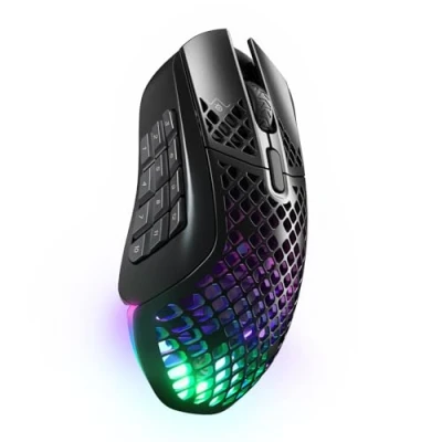 Abbildung von SteelSeries Aerox 9 Wireless RGB Gaming Mouse mit Öffnungen in der Oberfläche Federleichtes, wasserabweisendes Design 18 Tasten Bluetooth/2,4 GHz Optischer TrueMove Air Sensor 18.000 DPI