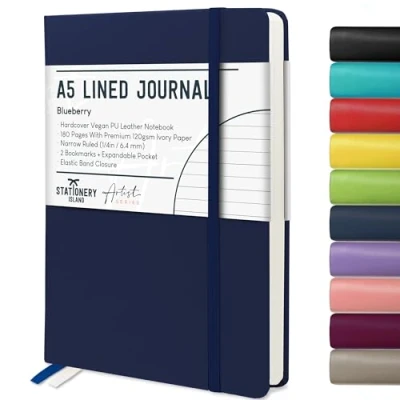 Abbildung von STATIONERY ISLAND Notizbuch a5 Liniert, Journal Hardcover mit 120 g/m² Dickem Papier, 180 Seiten Tagebuch, Notebook für Mädchen, Reisetagebuch, Planen, Lernen, Dunkelblau