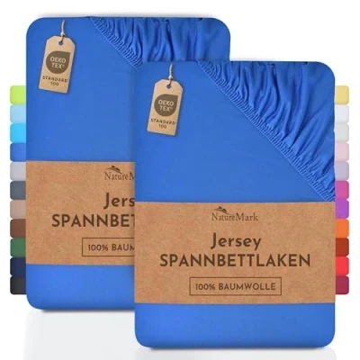 Abbildung von NatureMark 2er Pack Jersey Spannbettlaken, Spannbetttuch 100% Baumwolle in vielen Größen und Farben MARKENQUALITÄT ÖKOTEX Standard 100 90 x 200 cm royal blau