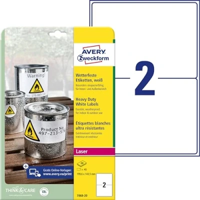 Abbildung von AVERY Zweckform L7068 20 Wetterfeste Folienetiketten (40 Klebeetiketten, 199,6x143,5mm auf A4, extrem stark selbstklebend, wasserfest, strapazierfähig, bedruckbare Outdoor Klebefolie) Blatt, weiß