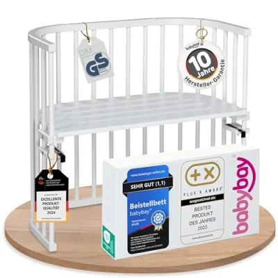 Abbildung von babybay Original Beistellbett aus massivem Buchenholz / kompakt &amp; verwandelbar Kinderbett Höhe stufenlos verstellbar umweltfreundlich mitwachsendes Babybett (weiß lackiert)