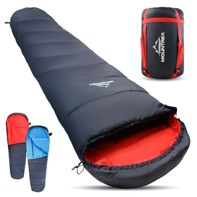 Abbildung von MOUNTREX® Schlafsack Warm &amp; Leicht (1500g) 3 4 Jahreszeiten Outdoor Mumienschlafsack ( 10C / 0C 10C) Camping, Reise, Erwachsene Kompaktes Packmaß (36x20cm) Koppelbar