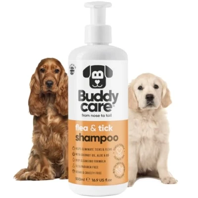 Abbildung von Floh &amp; Zeckenhundeshampoo von Buddycare Beseitigt Flöhe, Zecken Milben Tiefenreinigungsshampoo für Hunde, Flohshampoo mit Teebaumöl Eukalyptus Hunde (500ml)