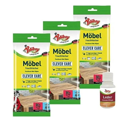 Abbildung von POLIBOY Möbel Feuchttücher Staubtücher für alle Oberflächen, Holz, Kunststoff, Metall Allzweckfeuchttücher den Haushalt 3x 24 Tücher Mit Produkt Probe Made in Germany
