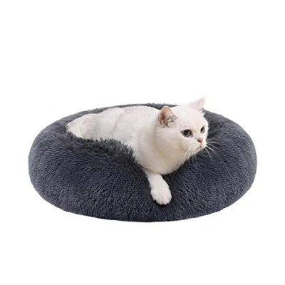Abbildung von Feandrea Hundebett flauschig, Katzenbett, Donut Kissen, waschbar, Polsterung in der Mitte herausnehmbar, Langer Plüsch, 50 cm Durchmesser, dunkelgrau PGW037G02