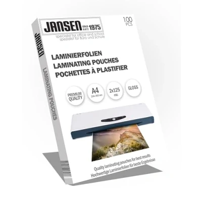 Abbildung von Jansen Laminierfolien, 100 Stück, A4, 2 x 125 Mic (250 Mikron), hochglanz, Die Verpackung kann variieren