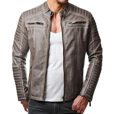 Abbildung von Redbridge Herren Jacke Übergangsjacke Biker Kunstleder Echtleder Baumwolle mit gesteppten Bereichen (S, Grau Kunstleder)