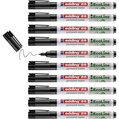 Abbildung von edding 25 Ecoline Permanentmarker schwarz 10 Stifte Rund Spitze 1 mm schnell trocknender Permanent Marker wasserfest, wischfest für Karton, Kunststoff, Holz, Metall Universalmarker