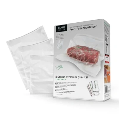 Abbildung von CASO Profi Folienbeutel Set 5 / 40 St. 16x23 cm, 20x30 20 30x40 cm 150µm, für Vakuumierer Folienschweißgeräte, BPA frei, sehr stark, reißfest, kochfest, Transparent