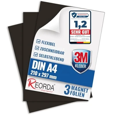 Abbildung von Reorda Magnetfolie DIN A4 selbstklebend 3er Set Magnetpapier mit starkem 3M Kleber Magnetplatte zuschneidbar für Kühlschrank, Tafeln &amp; Poster Magnetische Folie für&#039;s Basteln