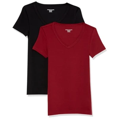 Abbildung von Amazon Essentials Damen Kurzärmeliges T Shirt mit V Ausschnitt, Schmale Passform, 2er Pack, Schwarz/Burgunderrot, XXL