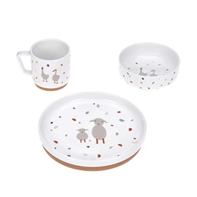 Abbildung von LÄSSIG Geschirrset Porzellan Kindergeschirrset Teller Schüssel Tasse mit Silikonring rutschfest Kindergeschirr/Tiny Farmer Sheep/Goose