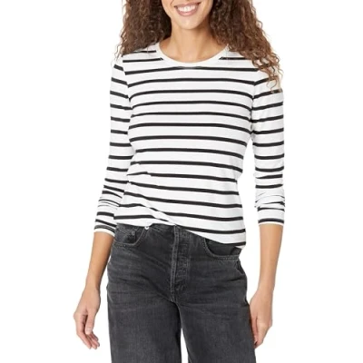 Abbildung von Amazon Essentials Damen Langärmeliges T Shirt mit Rundhalsausschnitt, Klassischer Schnitt (Erhältlich in Übergröße), Schwarz/Weiß Streifen, XXL