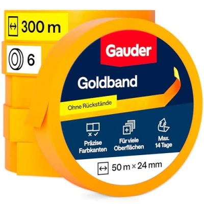 Abbildung von GAUDER Goldband (24 mm x 50 m) 6x Malerkrepp aus Premium Washi Tape für präzise Farbkanten rückstandsfreies Profi Kreppband und Abdeckband Malerband zum Streichen Lackieren