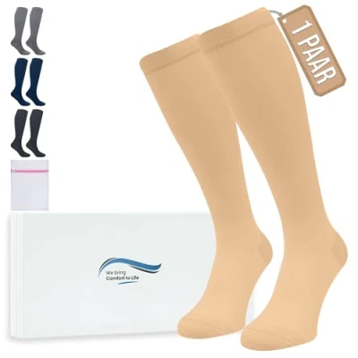 Abbildung von 360 Relief Kompressionsstrümpfe Damen und Herren 1 Paar Kompressionssocken Einfarbig für Sport, Laufen, Flug, Reise, Joggen, Radsport, Kniestrümpfe, XXL Beige mit Wäschenetz