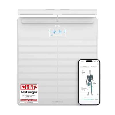 Abbildung von WITHINGS Body Scan Vernetzte WLAN Waage zur Verbesserung Ihrer Gesundheit, BIA Personenwaage, Analyse der Körperzusammensetzung, Körperfett, Muskelmasse, Wasseranteil, Elektrokardiogramm, Weiß