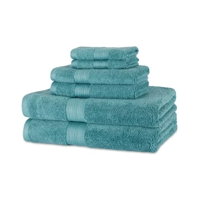 Abbildung von Amazon Basics 2 Bade, Hand und Waschlappenset aus Baumwolle, farbecht, 6 Stück, Blaugrün (76 x 137 cm, 40 66 30 cm)