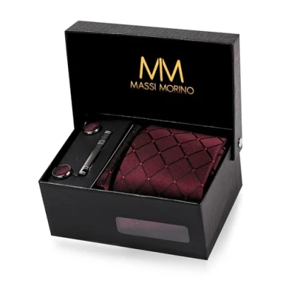 Abbildung von Massi Morino Krawatte Weinrot Quadrat mit Einstecktuch Set Herren inkl. Manschettenknöpfe, Krawattennadel und Geschenkbox Männer Krawattenset
