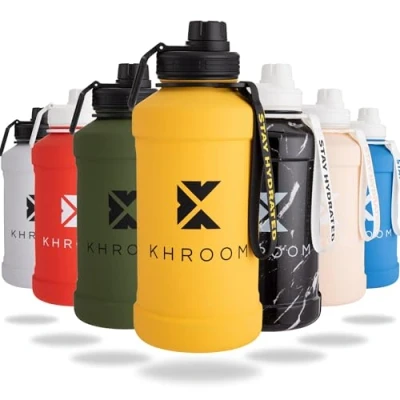 Abbildung von Khroom Edelstahl Trinkflasche 1,3L &amp; 2,2L Kohlensäure geeignet, auslaufsicher, spülmaschinenfest, einwandig, BPA frei Metall 2 Liter XXL Water Jug Outdoor Sportflasche Gelb
