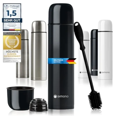 Abbildung von Edelstahl Thermosflasche mit Becher &amp; Bürste; Thermoskanne Doppelwandige Isolierkanne; Auslaufsicher, Spülmaschinenfest BPA frei + Reinigungsbürste; hält Getränke heiß kalt (Schwarz 1000 ml)