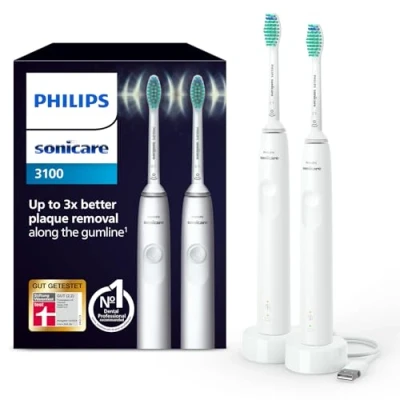 Abbildung von Philips Sonicare 3100 elektrische Zahnbürste, Schallzahnbürste, Andruckkontrolle und Timer, Weiß, Zweierpack, Modell HX3675/13