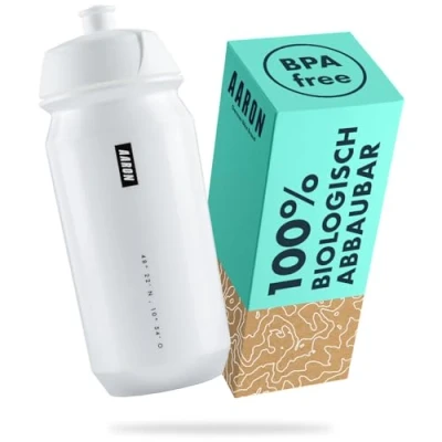 Abbildung von AARON ECO Trinkflasche aus nachhaltigem Zuckerrohr, 500 ml, leicht und auslaufsicher, praktische BPA freie Wasserflasche für Sport, Fitness, Wandern, Outdoor in weiß