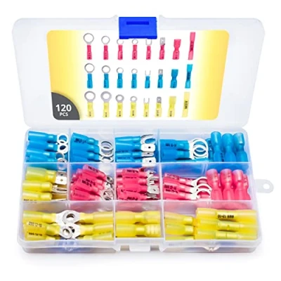 Abbildung von Wirefy Schrumfverbinder Set Kabelschuhe enthält Ringkabelschuhe, Stoßverbinder, Gabelverbinder, Steckverbinder und Flachstecker Qetschverbinder 0,5 6 mm² 120 Stück
