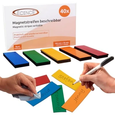 Abbildung von ECENCE 40 Magnetstreifen beschreibbar 100mmx30mm bunt zuschneidbare Haftstreifen abwischbare Magnetschilder Magnet Etiketten für Whiteboards, Kühlschränke, Magnettafeln