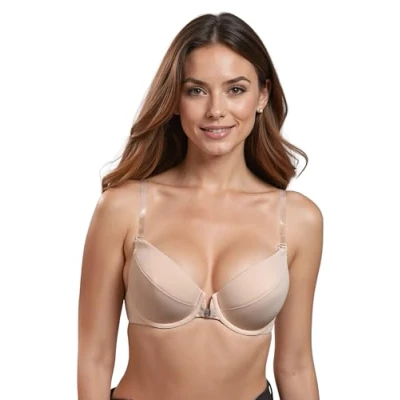 Abbildung von VIVISENCE Transparente BH Push Up Durchsichtige Rückenfrei Silikon Träger Gepolsterter Unsichtbarer Glatt Musterlos, Eve 1012, Beige,80E