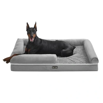 Abbildung von Feandrea Orthopädisches Hundebett, Hundekissen, Hundekorb, weiche Polsterung, Hundesofa, erhöhte Ränder, Bezug abnehmbar und waschbar, 120 x 85 20 cm, rutschfeste Unterseite, hellgrau PGW078G02