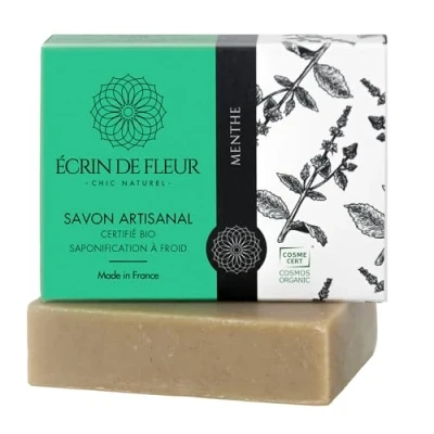Abbildung von Écrin De Fleur Bio Minzseife Stück, Herren All in One Seife, Gesicht, Körperwäsche, Haare und Rasur, Handgefertigt Frankreich mit Spearmintöl, Pfefferminzöl Minzblätterpulver 1x90g